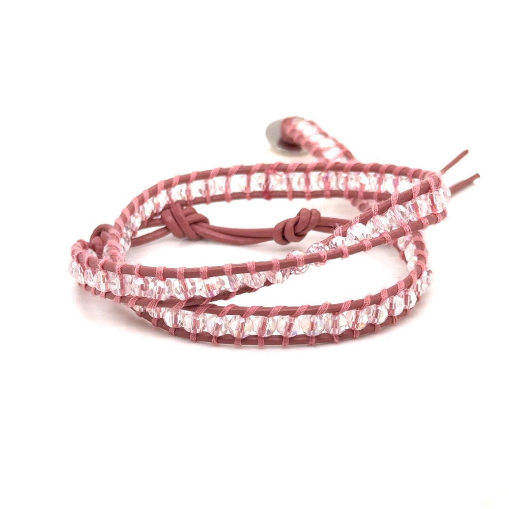 Victoria Emerson Pink Leather Crystal Wrap Bracelet Adjustable 14 15 16 Inch